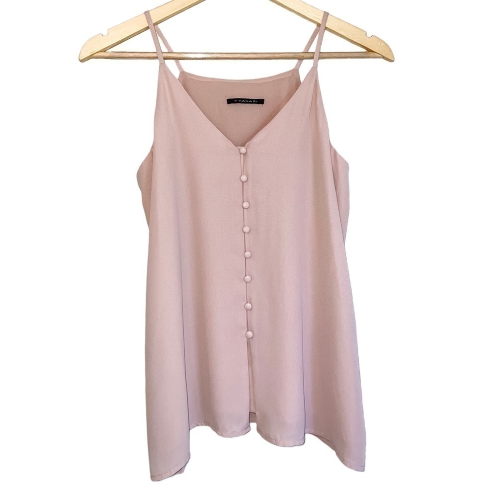 T Tahari Front Button Chiffon Spaghetti Strap Camisole Blush Mauve